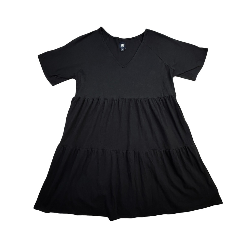 GAP Dress Womens Large Black Mini Tiered V-Neck Short Sleeve Pockets